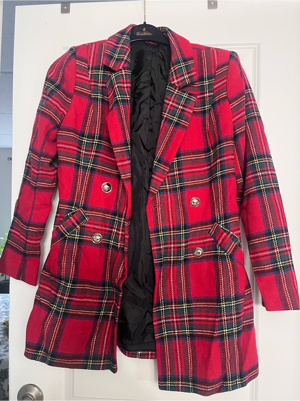 VENUS Red Plaid Double-Breasted Blazer with Gold Buttons